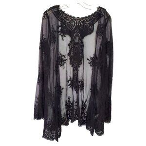 Black Floral Mesh Lace Crochet Open Top Cardigan M Witchy Whimsigoth Dark Fairy